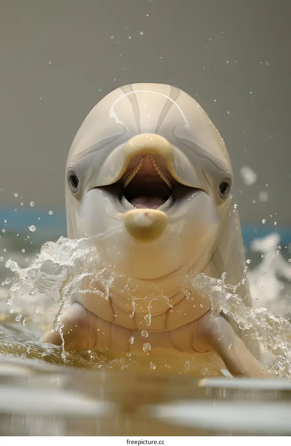 A bottlenose dolphin surfaces from the water