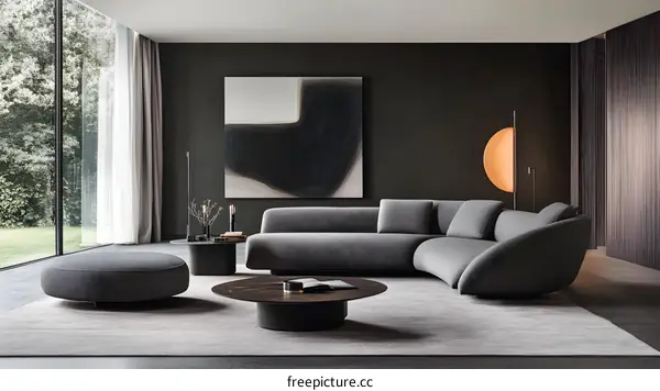 Modern Living Room Interior Design With Grey Sofa And Abstract Art