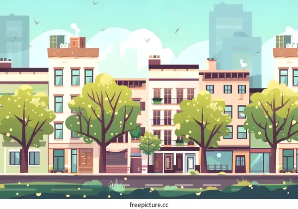 Flat Cityscape Illustration with Green Trees