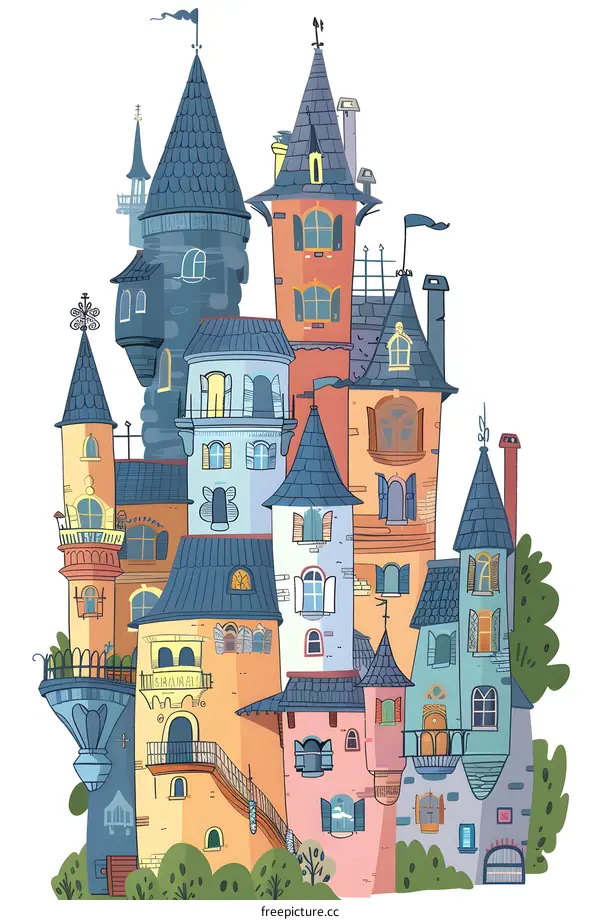 Hand Drawn Cartoon Illustration Of Fantasy Cityscape