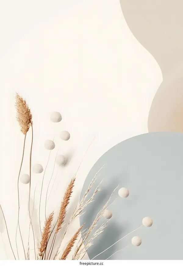 Neutral Minimalist Background with Dried Grass and White Balls