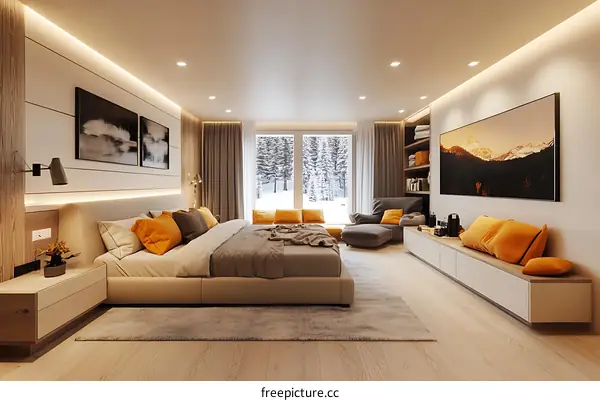 Modern Bedroom Interior Design with Mountain Landscape Art