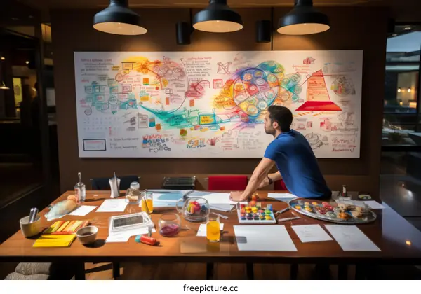 A man standing in front of a large colorful mural of a mind map.