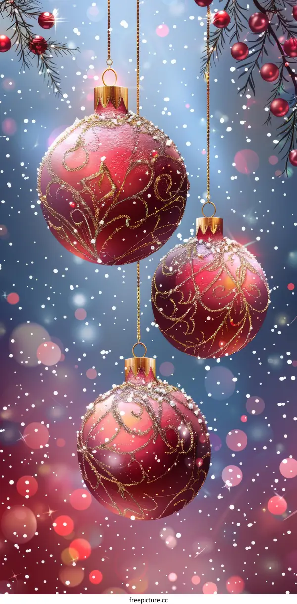 Red Christmas Ornaments Hanging with Snow Background