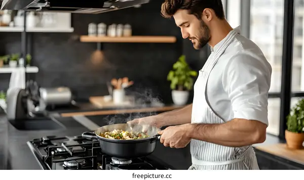 Man Cooking in the Kitchen with Steam Rising