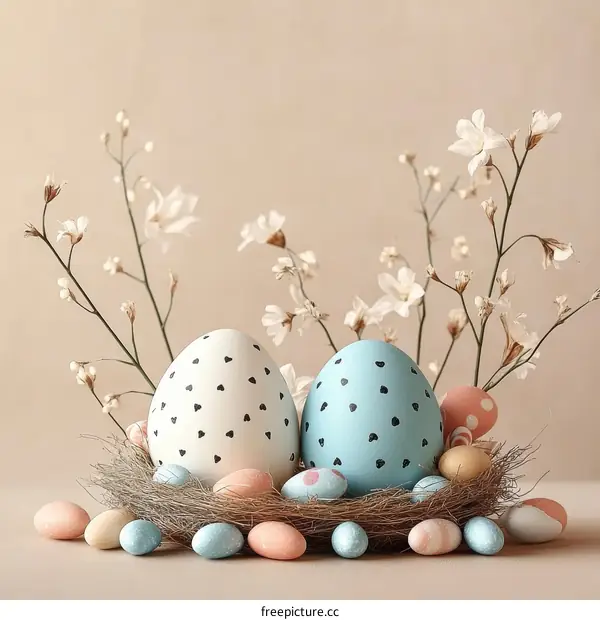 Easter Eggs in a Nest with Flowers