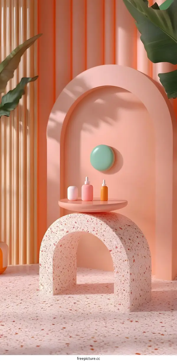 Abstract Minimalist Product Display with Arch and Terrazzo