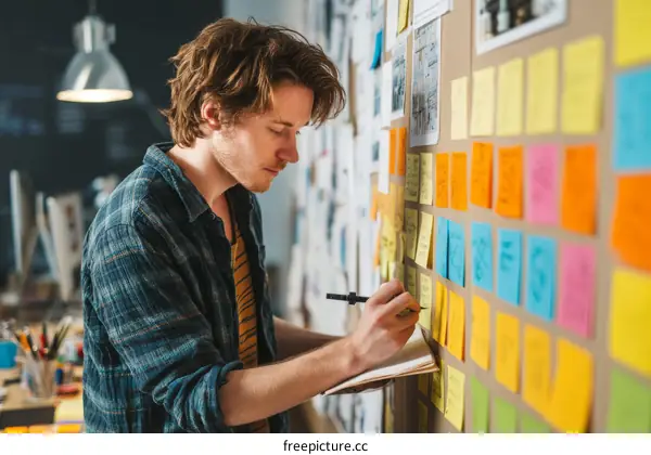 Creative Brainstorming Session on a Wall of Sticky Notes