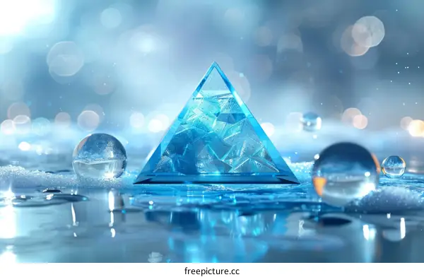 Crystal blue pyramid on water surface with snow