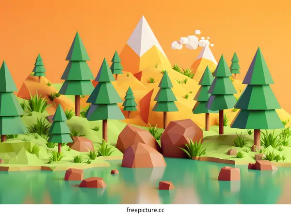 Low Poly Landscape with Mountains, Trees, and a River