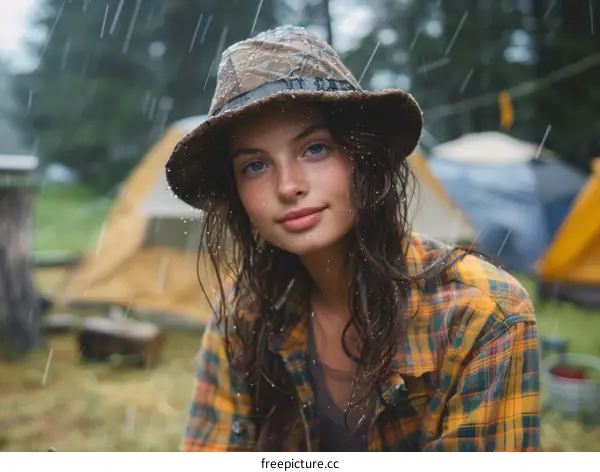 Young woman in a hat standing in the rain