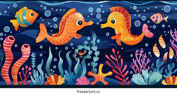 Underwater scene with cute fish and sea plants
