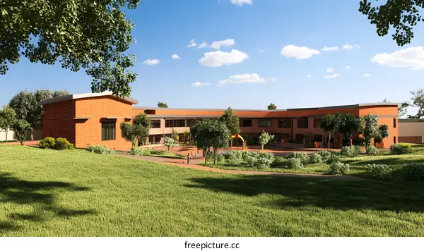 Modern Brick School Building with Green Grass and Trees