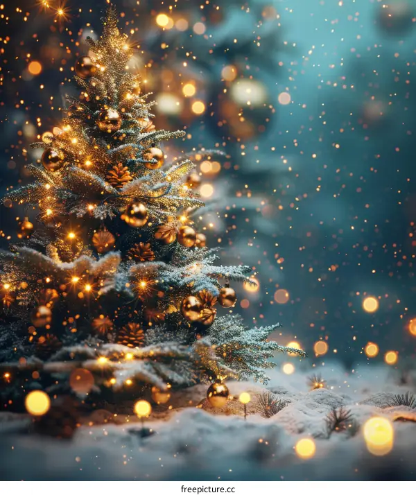 Snowy Christmas Tree with Red and Gold Ornaments