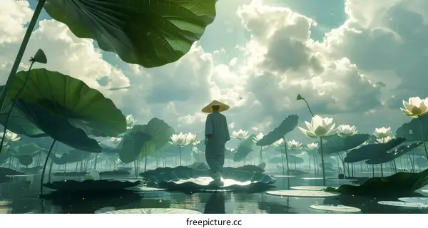 A man standing on a lotus leaf in a pond surrounded by lotus flowers and giant lotus leaves