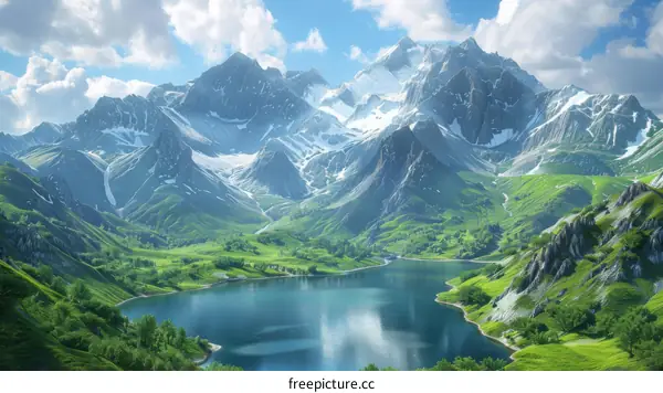 Stunning Lake and Lush Green Hills with Majestic Mountains