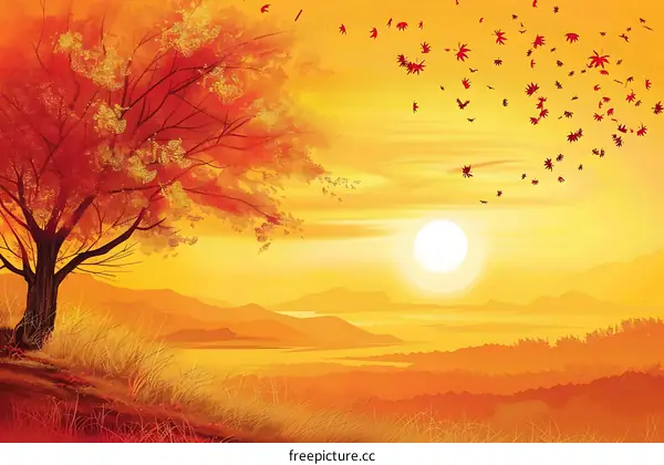 Autumn Landscape with Red Tree and Falling Leaves