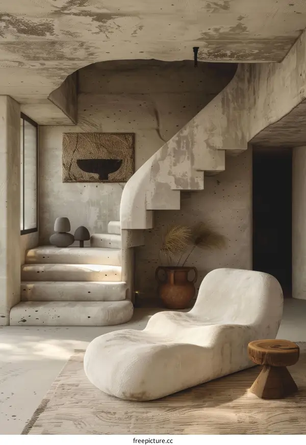 Modern Minimalist Concrete Staircase with Curved Wall Interior Design