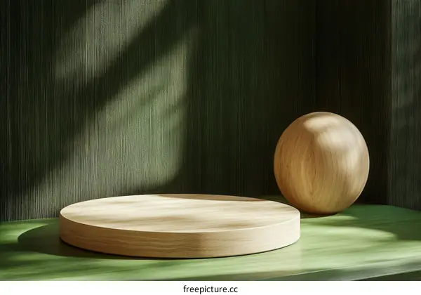 Wooden Display Platform Against Green Background