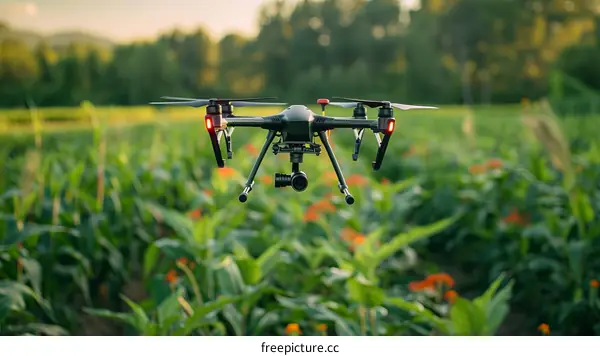 A drone is flying over a field of green plants.
