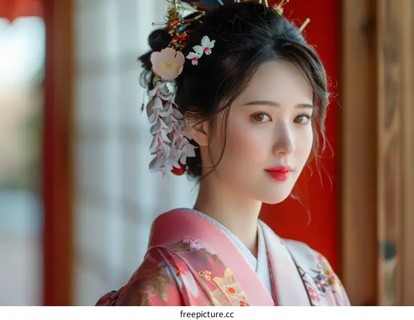 Beautiful Japanese Woman in Traditional Kimono with Flowers