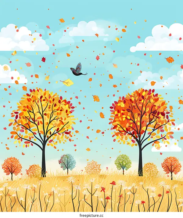 Autumn Landscape with Falling Leaves and a Butterfly