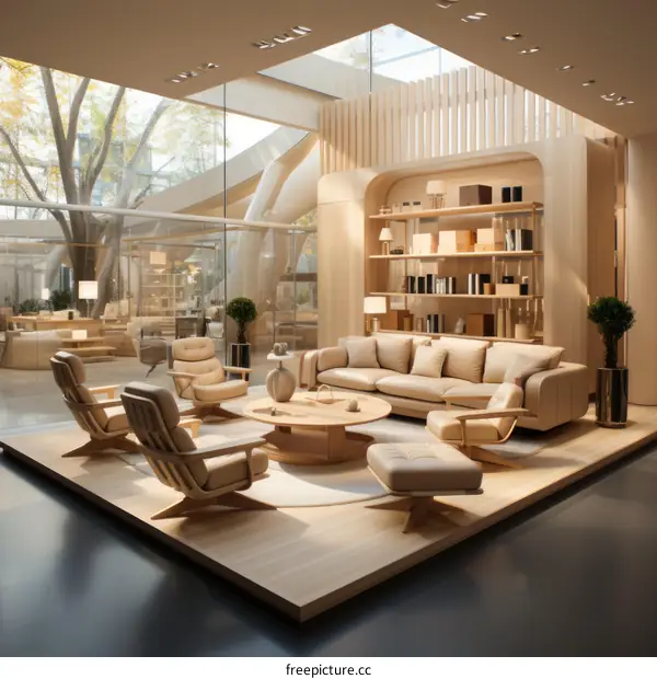 Modern Living Room with Wooden Platform and Large Window