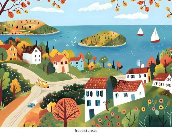 Autumn Landscape with Houses and Boats