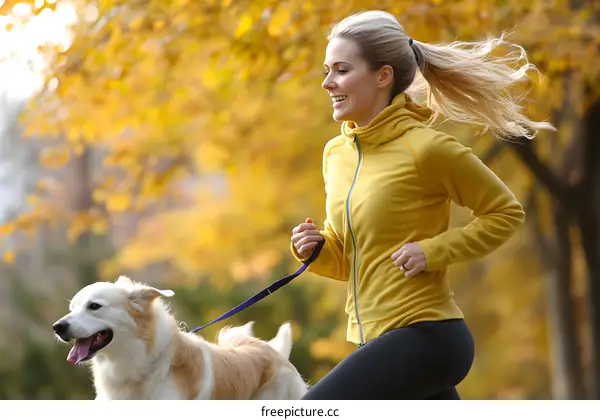 Woman Running With Dog in Autumn Park