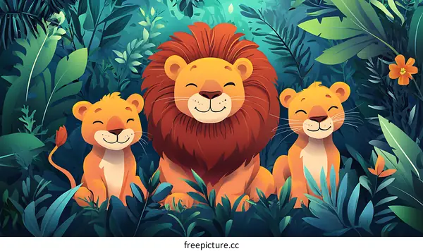 Happy Lion Family In Jungle