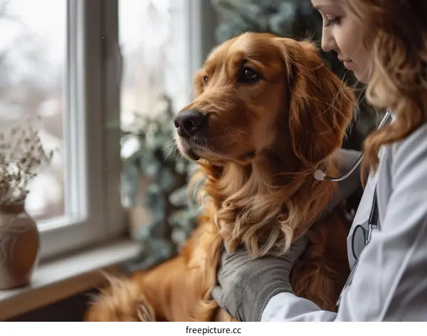 A veterinarian examines a golden retriever dog in a clinic