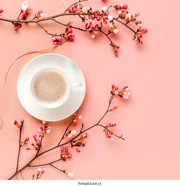 Spring Coffee Break With Blooming Flowers