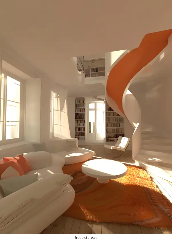 Modern Living Room With Orange Spiral Staircase