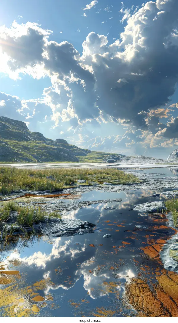 Rocky Mountains River Landscape with Lofty Clouds