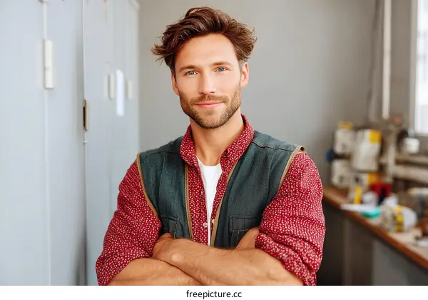 Confident Caucasian Male Portrait in a Workshop Setting