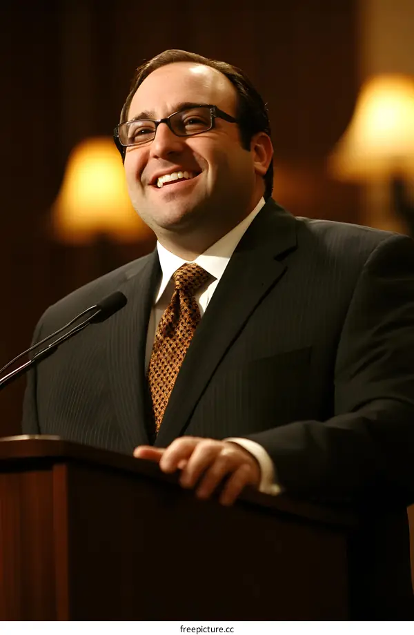 Smiling Man In Suit Speaking At A Podium