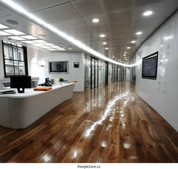 Modern Office Corridor with Polished Wood Flooring