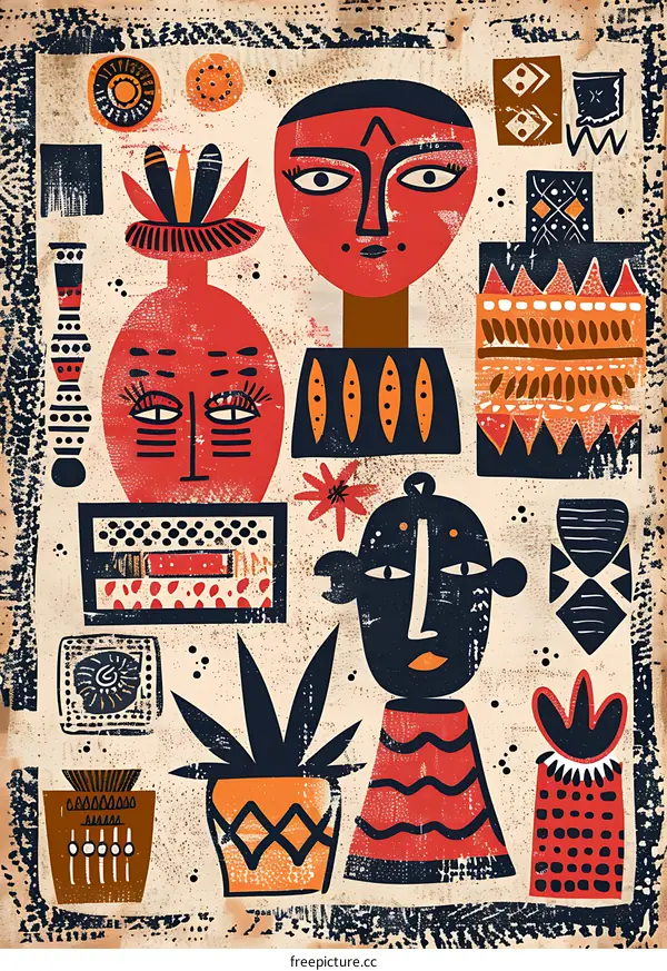 Abstract Art Illustration with Geometric Shapes and Faces