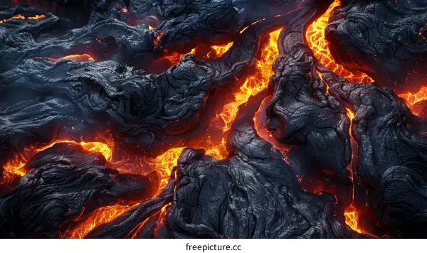 Fiery Lava Flows from Volcano Over Ground