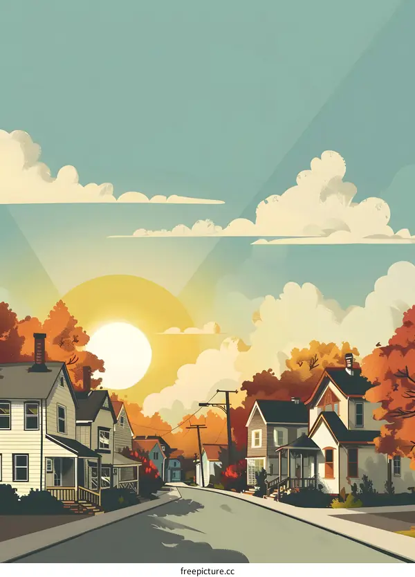 Fall Sunlit Street with Colorful Trees and Houses