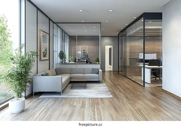 Modern Office Lobby with Glass Partitions
