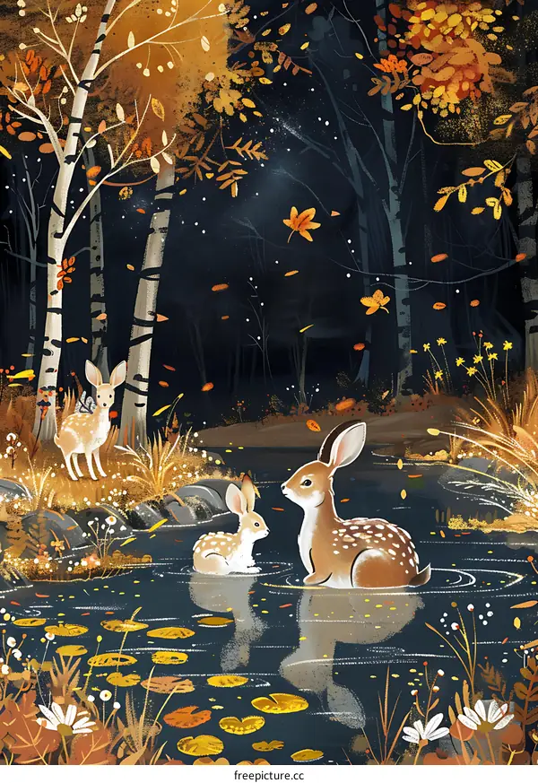 Autumn Forest Illustration with Deers in a Pond