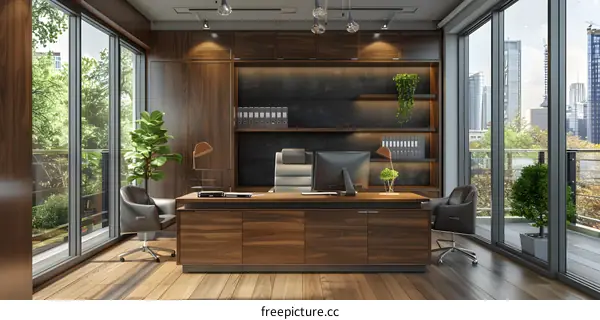 Modern office interior design with wooden furniture and large windows