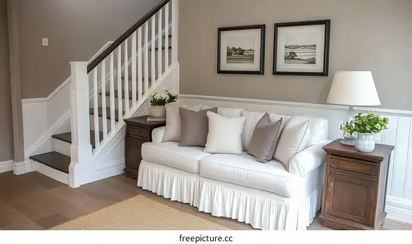 White Sofa with Wooden Staircase in a Neutral-toned Room