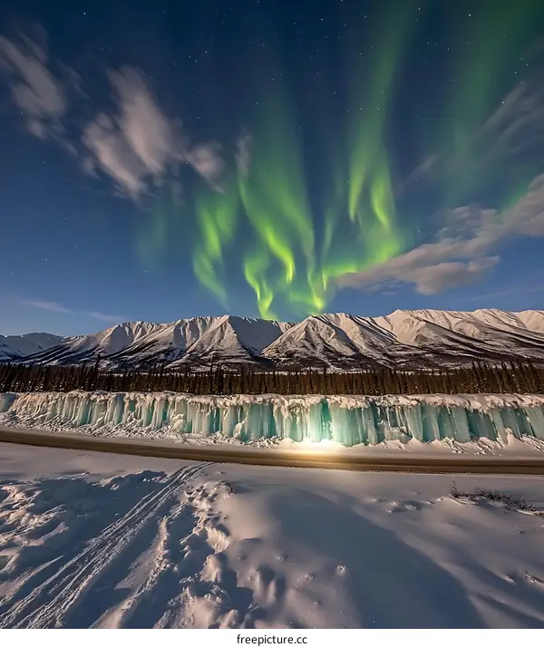 Northern Lights Over Frozen Waterfall in Alaska