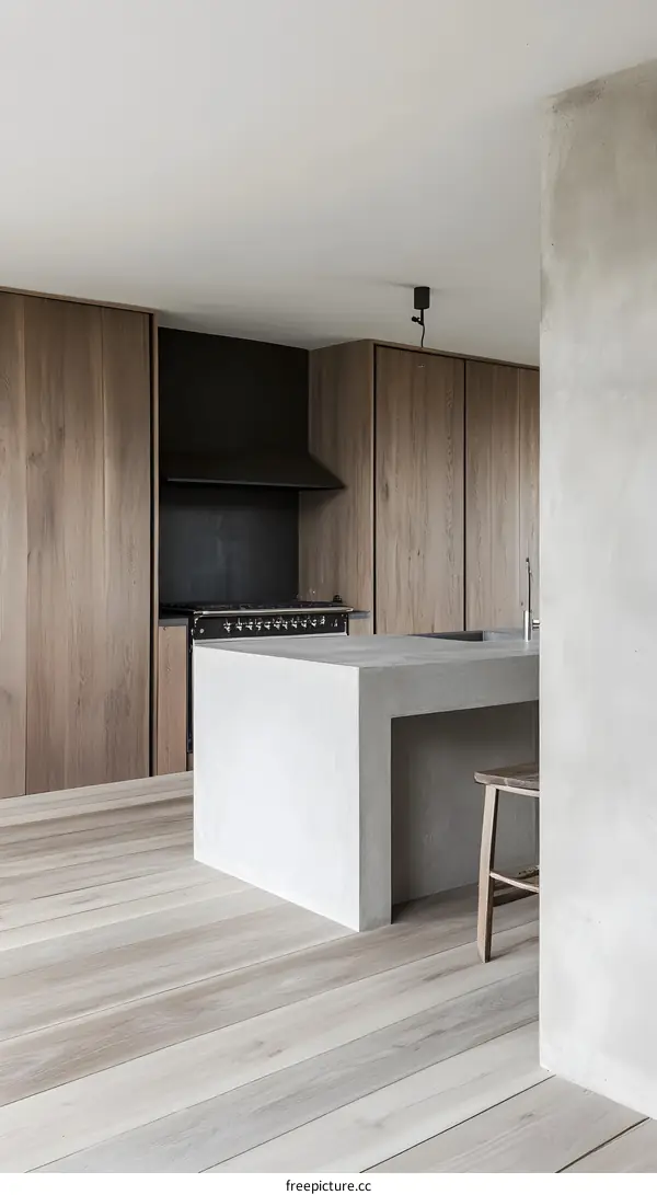 Modern Minimalist Kitchen Interior Design With Concrete Island and Wooden Flooring