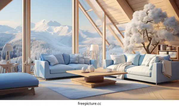 Blue and white living room interior with a view of snow-capped mountains