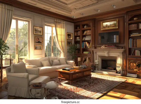 Cozy Living Room Interior with Fireplace and Sofa