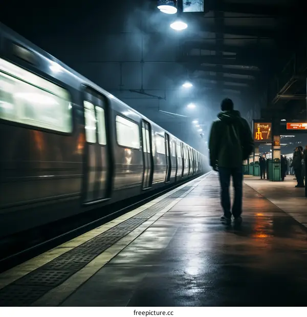 A lone figure stands on a subway platform as a train speeds past