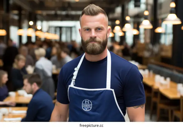 Portrait of a male chef in a blue apron standing in a restaurant